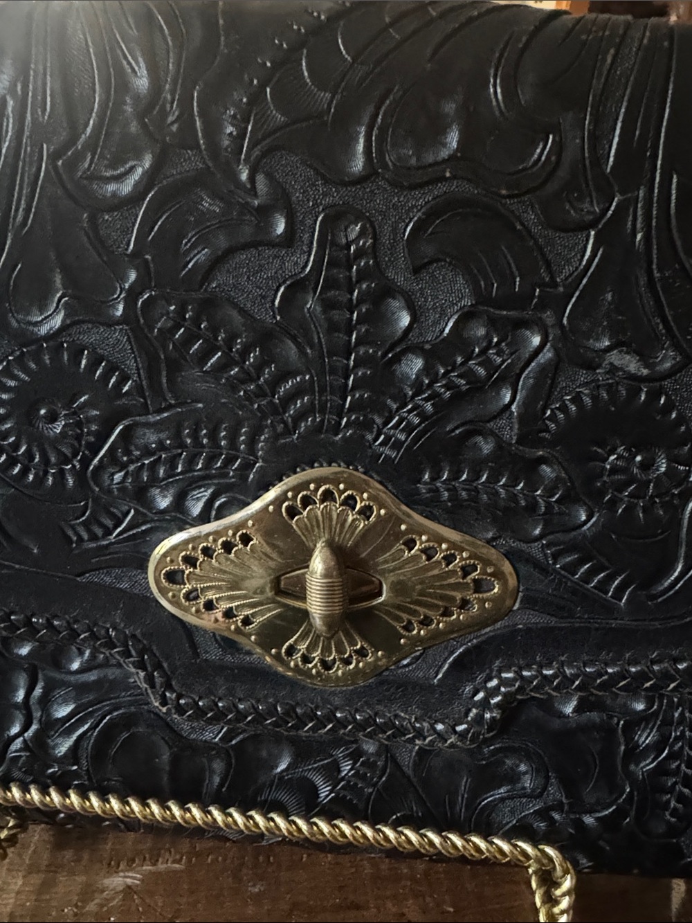 Vintage Black Tooled Leather Clutch with Brass Turn-Lock - Picture 3 of 7